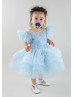Sky Blue Ruffle Tulle Sleeves Sparkly Flower Girl Dress Sky Blue Ruffle Tulle Sleeves Sparkly Flower Girl Dress